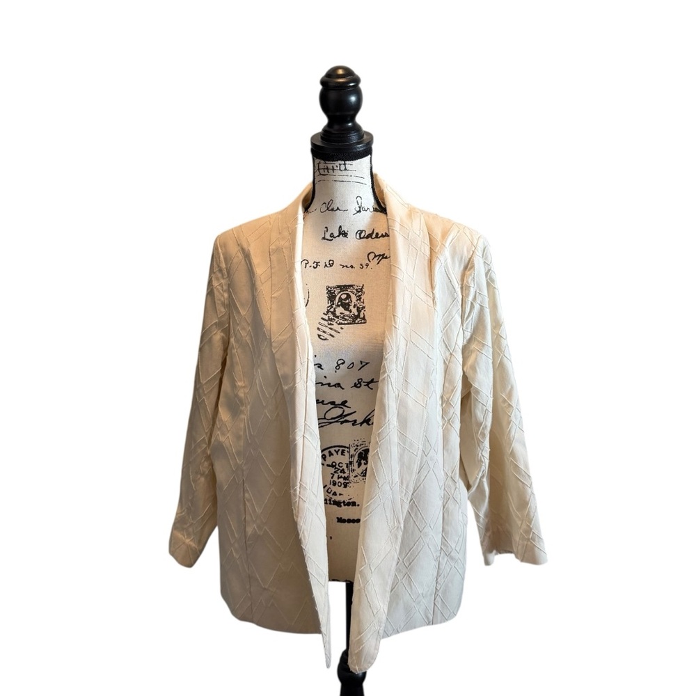 Chico’s Open Front Blazer Jacket Cream Ivory Size 3 XL textured Cotton Blend